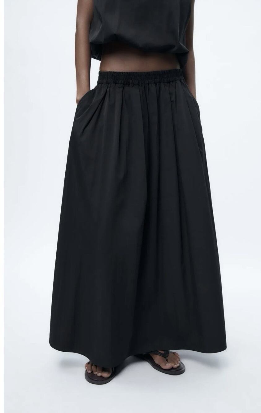 NWT Zara Voluminous Maxi Skirt Size XS Small Black Pockets Dressy Minimalist